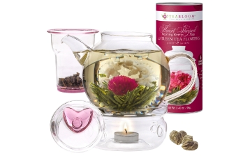Eternal Love Flowering Tea Gift Set - Romantic Teapot with Warmer Glass Infuser and 12 Heart-Shaped Tea Flowers