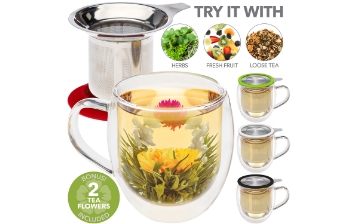 VENICE® Double Wall Tea Mug with Infuser & Red Lid/Coaster - 15 oz / 430 ml